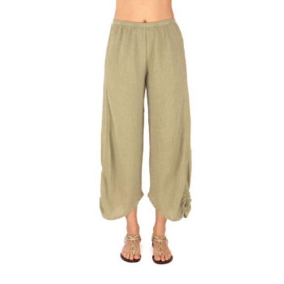 Cut Loose Women’s Ruched Cotton Crepe Pucker Pull On Cropped Pants Green S - Picture 1 of 12